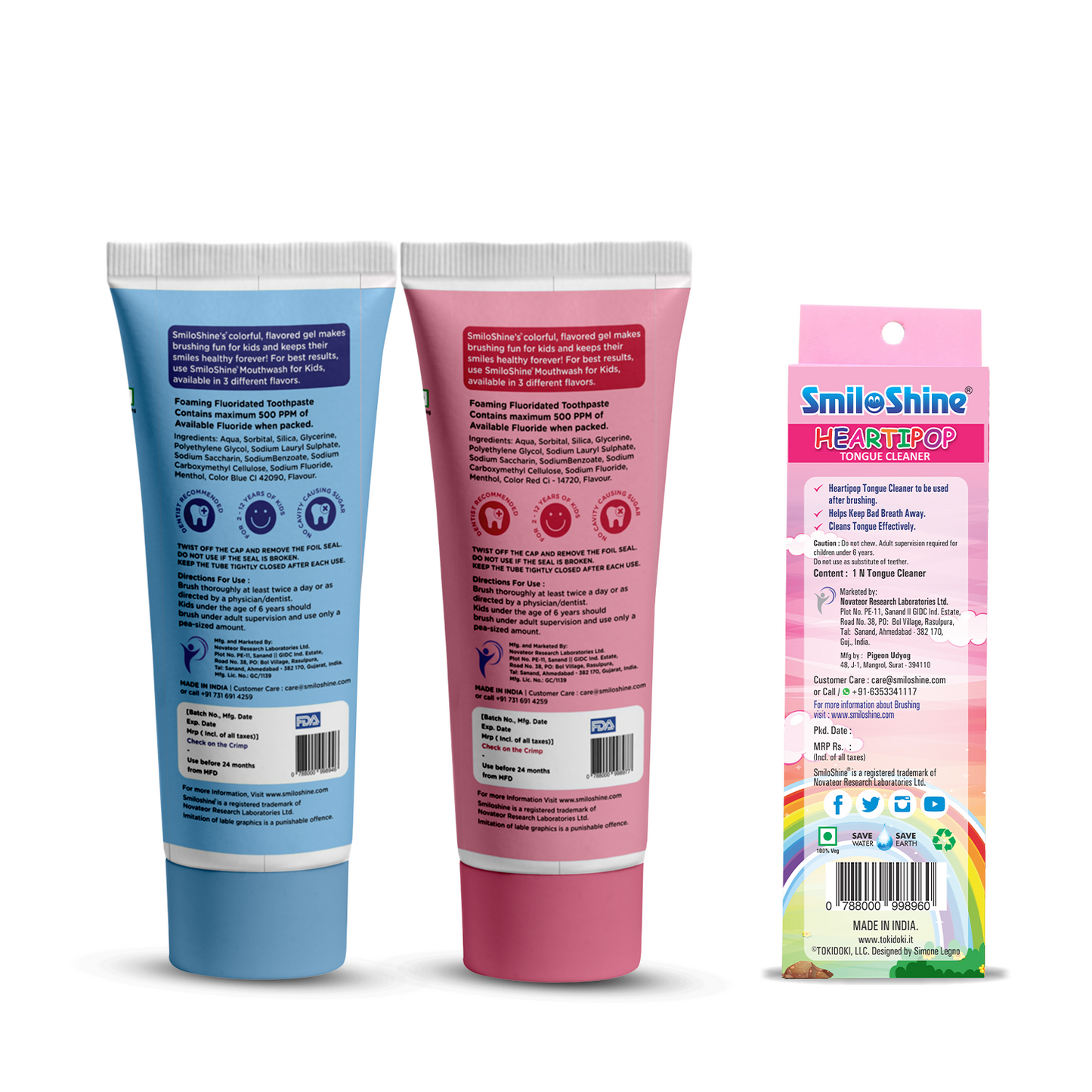 Back view of SmiloShine kids toothpaste and tongue cleaner packaging with full usage directions and safety seals.