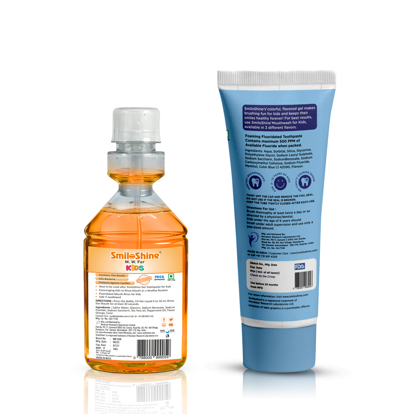 Back packaging of SmiloShine kids mouthwash and toothpaste showing instructions for use and FDCA approved formulation.