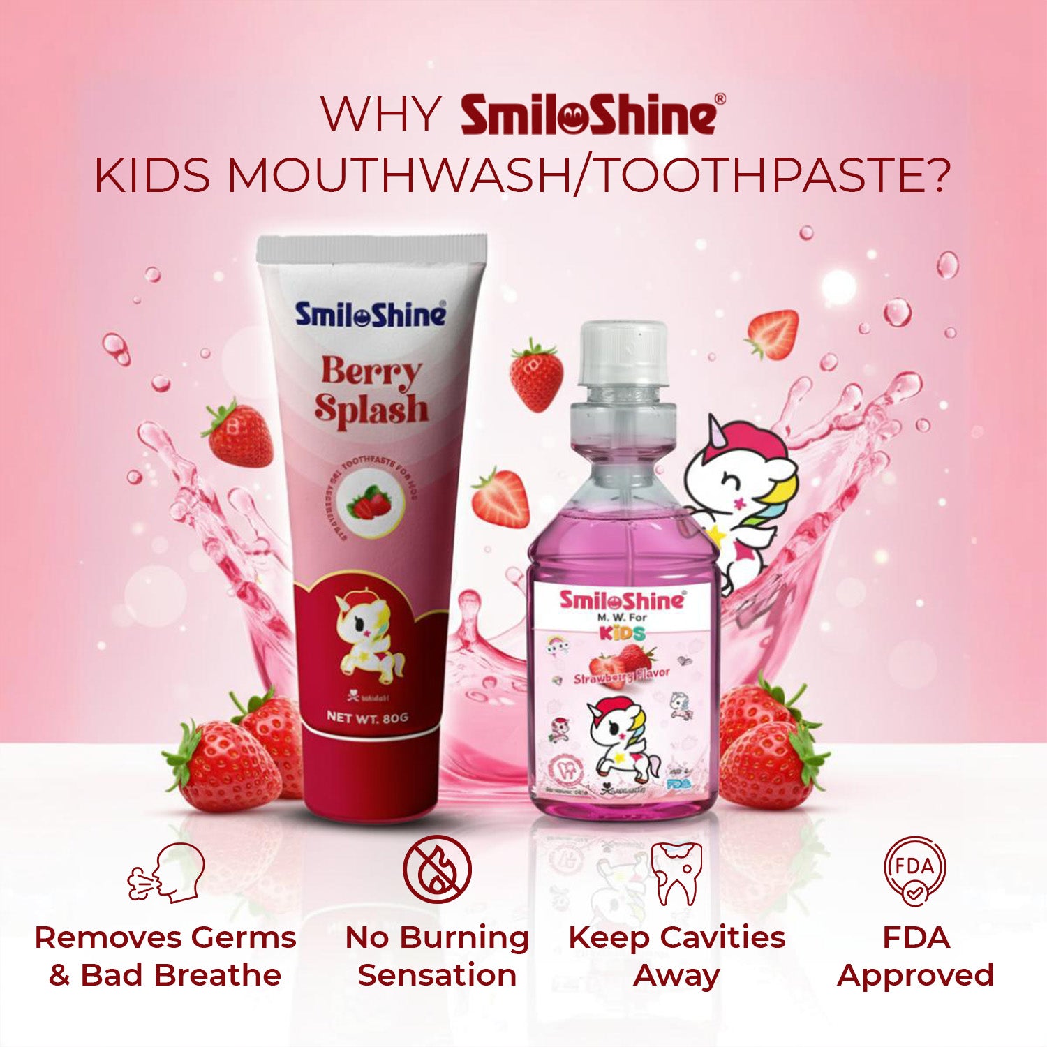 Graphic explaining why to choose SmiloShine kids mouthwash and toothpaste, showing the perfect duo for a healthy routine.
