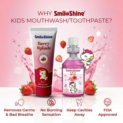 Graphic explaining why to choose SmiloShine kids mouthwash and toothpaste, showing the perfect duo for a healthy routine.