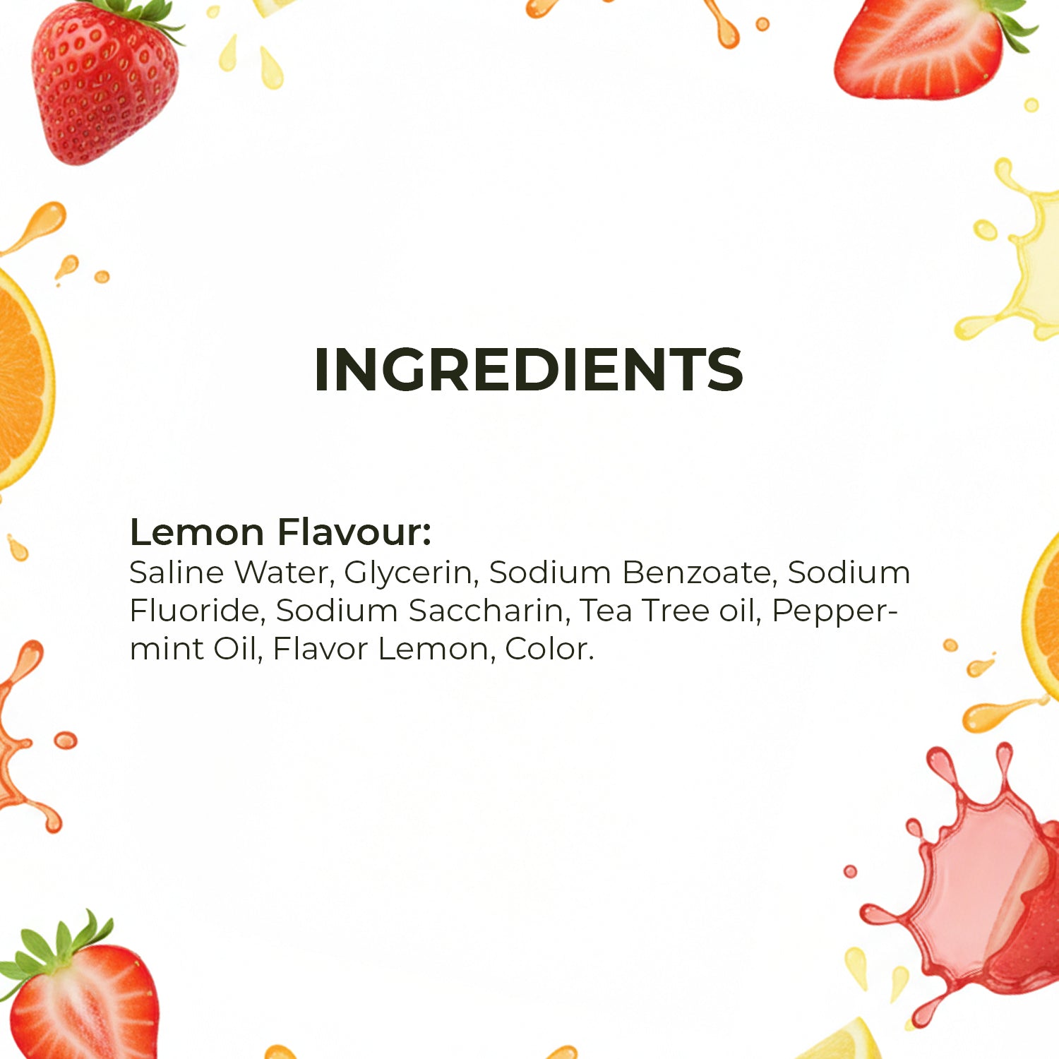 Detailed ingredient list for SmiloShine Lemon Lime mouthwash, highlighting Sodium Fluoride and safe fruit flavors.