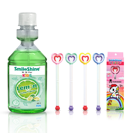 SmiloShine Kids Fresh Breath Duo featuring Lemon Lime mouthwash and a pink Unicorn Heartipop tongue cleaner.