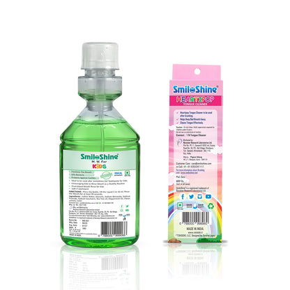 Back view of SmiloShine kids mouthwash and tongue cleaner packaging with full directions and safety seals.