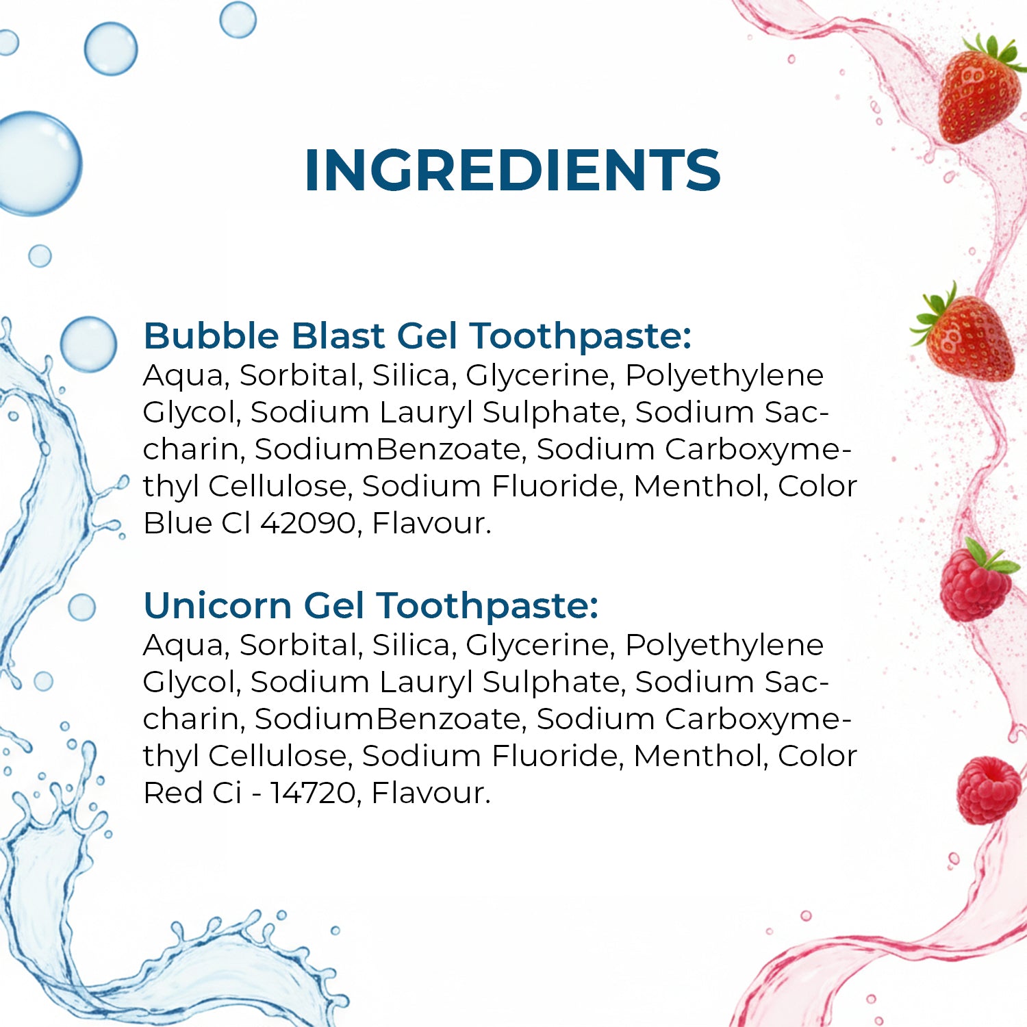 Detailed ingredient list for SmiloShine Bubble Blast and Unicorn Gel Toothpaste, confirming Sodium Fluoride content for enamel safety.