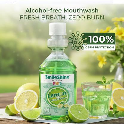 SmiloShine alcohol-free Lemon mouthwash for kids, offering 100% germ protection and fresh breath without the burn.