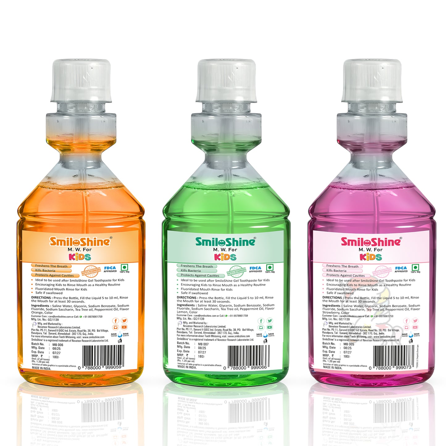 Back view of SmiloShine kids mouthwash bottles showing usage instructions, alcohol-free badge, and 500ppm fluoride content details.