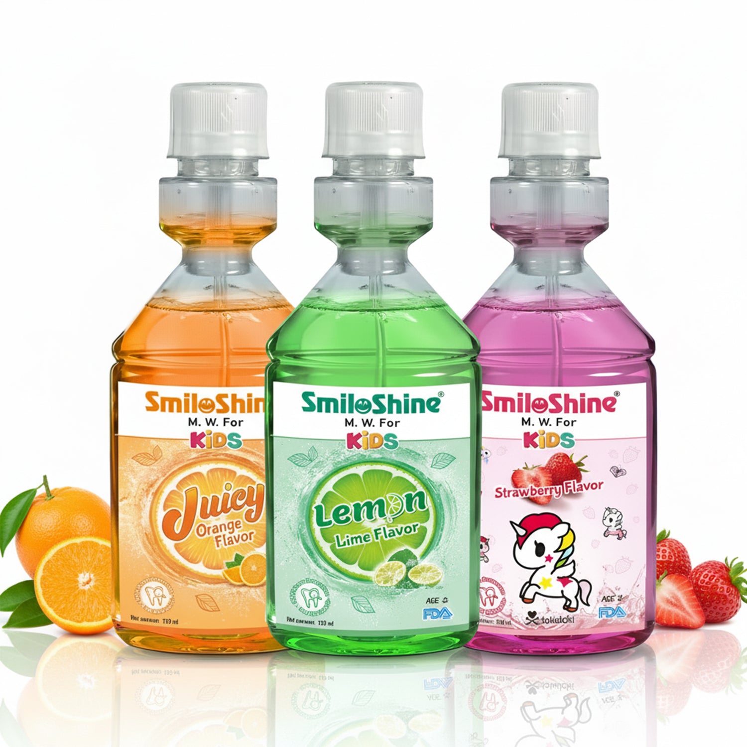 SmiloShine Junior Flavor Discovery Set featuring three bottles of kids mouthwash in Juicy Orange, Lemon Lime, and Strawberry flavors.