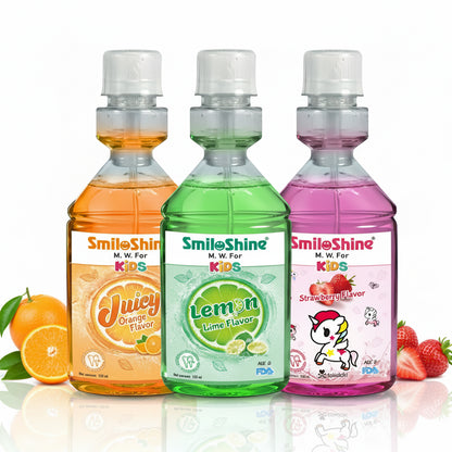 SmiloShine Junior Flavor Discovery Set featuring three bottles of kids mouthwash in Juicy Orange, Lemon Lime, and Strawberry flavors.