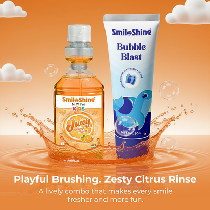SmiloShine kids mouthwash and toothpaste trio graphic displaying Juicy Orange and Bubble Blast flavors for fun daily hygiene.