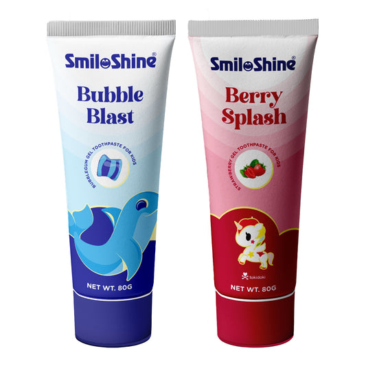 SmiloShine Kids Favourite Toothpaste Duo featuring Unicorn Berry Splash and Bubble Blast flavors with glow-in-the-dark packaging.