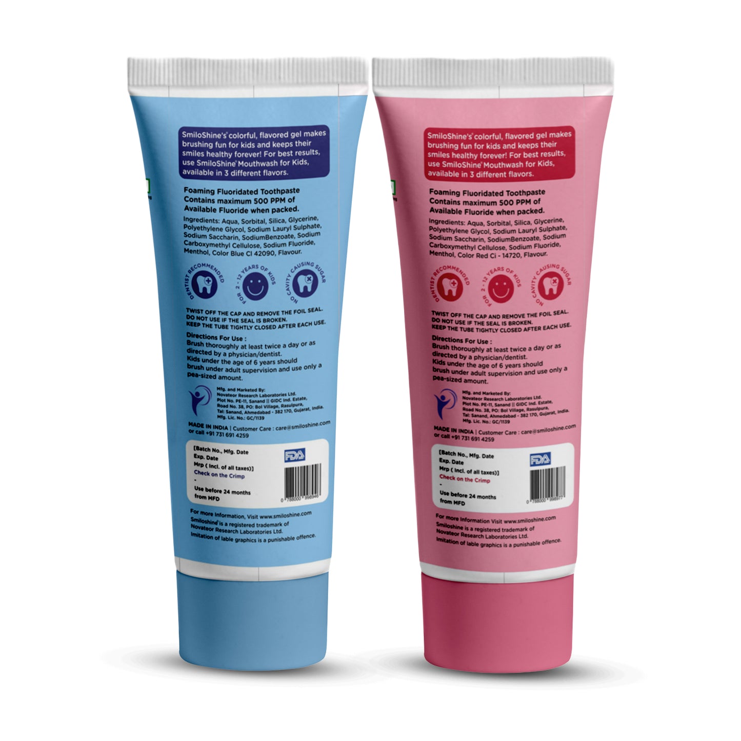 Back of SmiloShine kids toothpaste tubes showing usage instructions, vegan certification, and low-fluoride safety information.