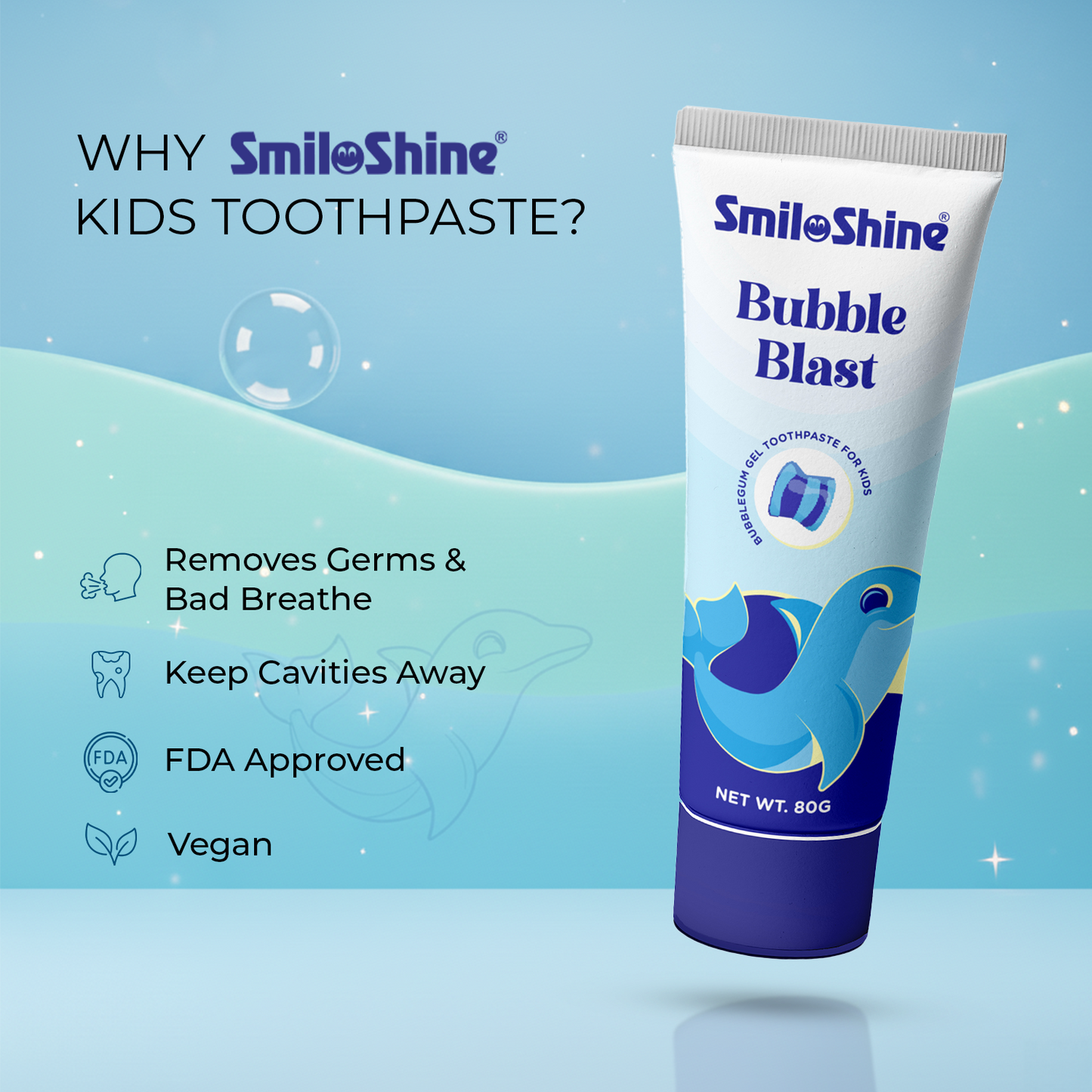 SmiloShine Bubble Blast kids toothpaste graphic highlighting germ removal, cavity prevention, and enamel safety.