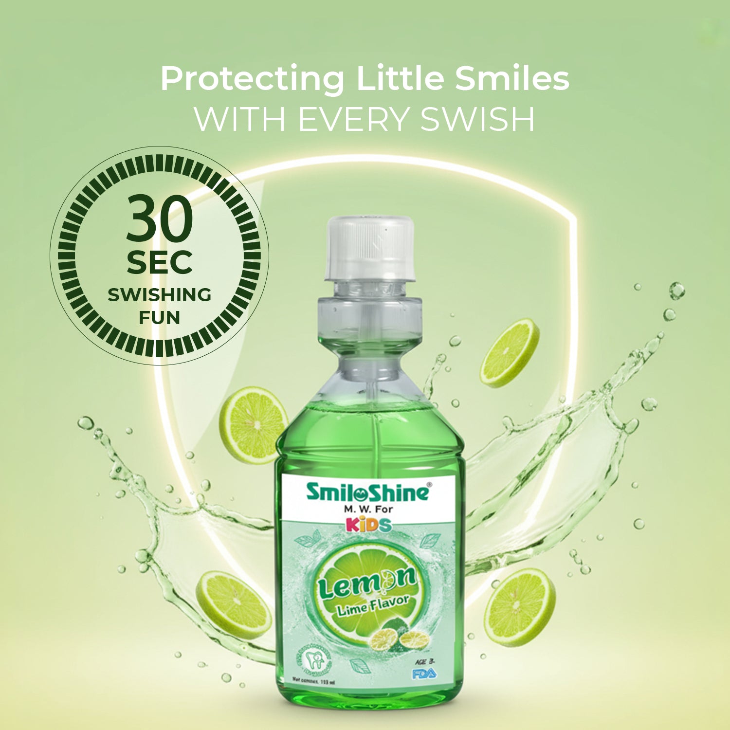SmiloShine Lemon Lime kids mouthwash graphic encouraging 30 seconds of swishing fun to protect little smiles.