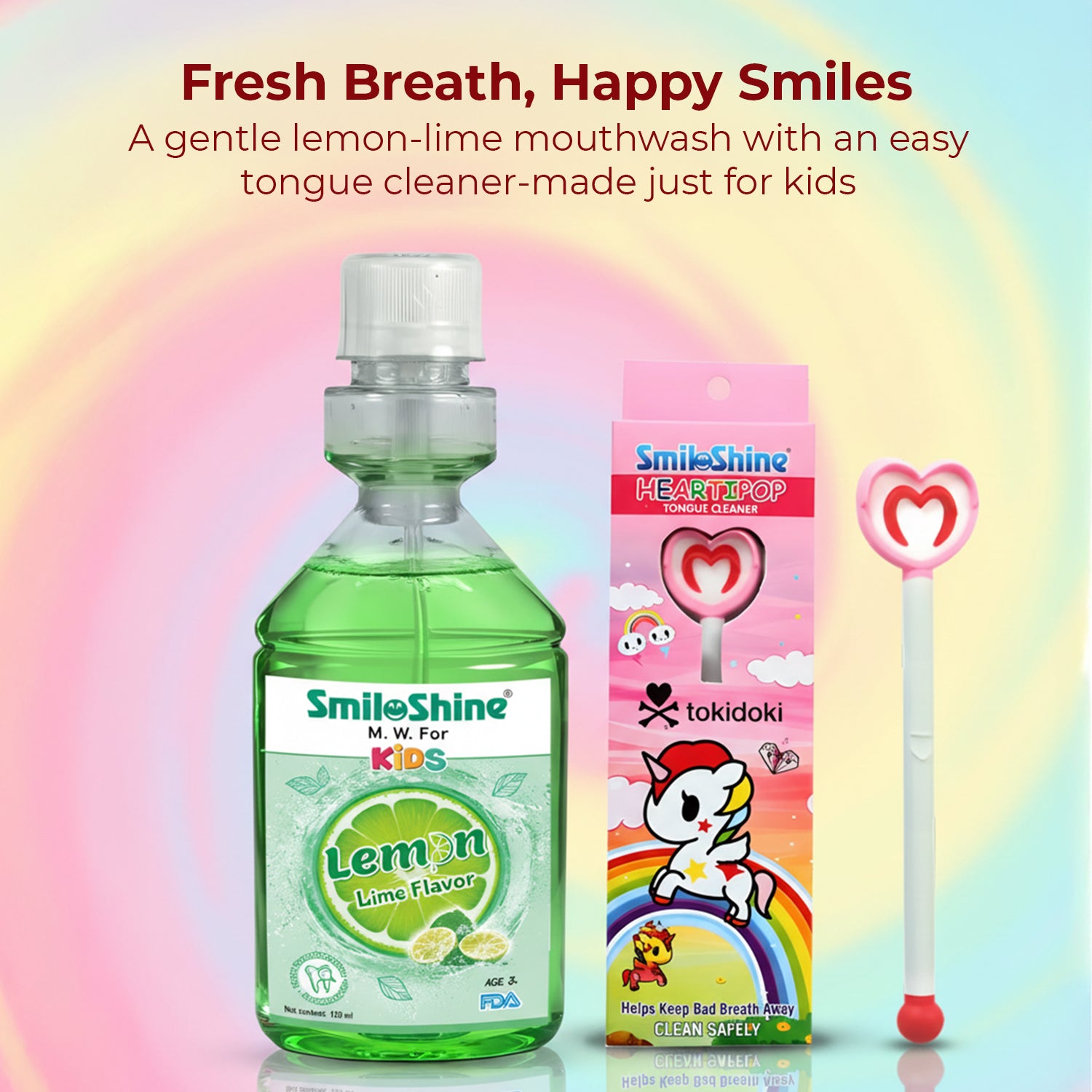 SmiloShine kids dental routine graphic showing zesty lemon-lime mouthwash and easy-to-use tongue cleaner for happy smiles.