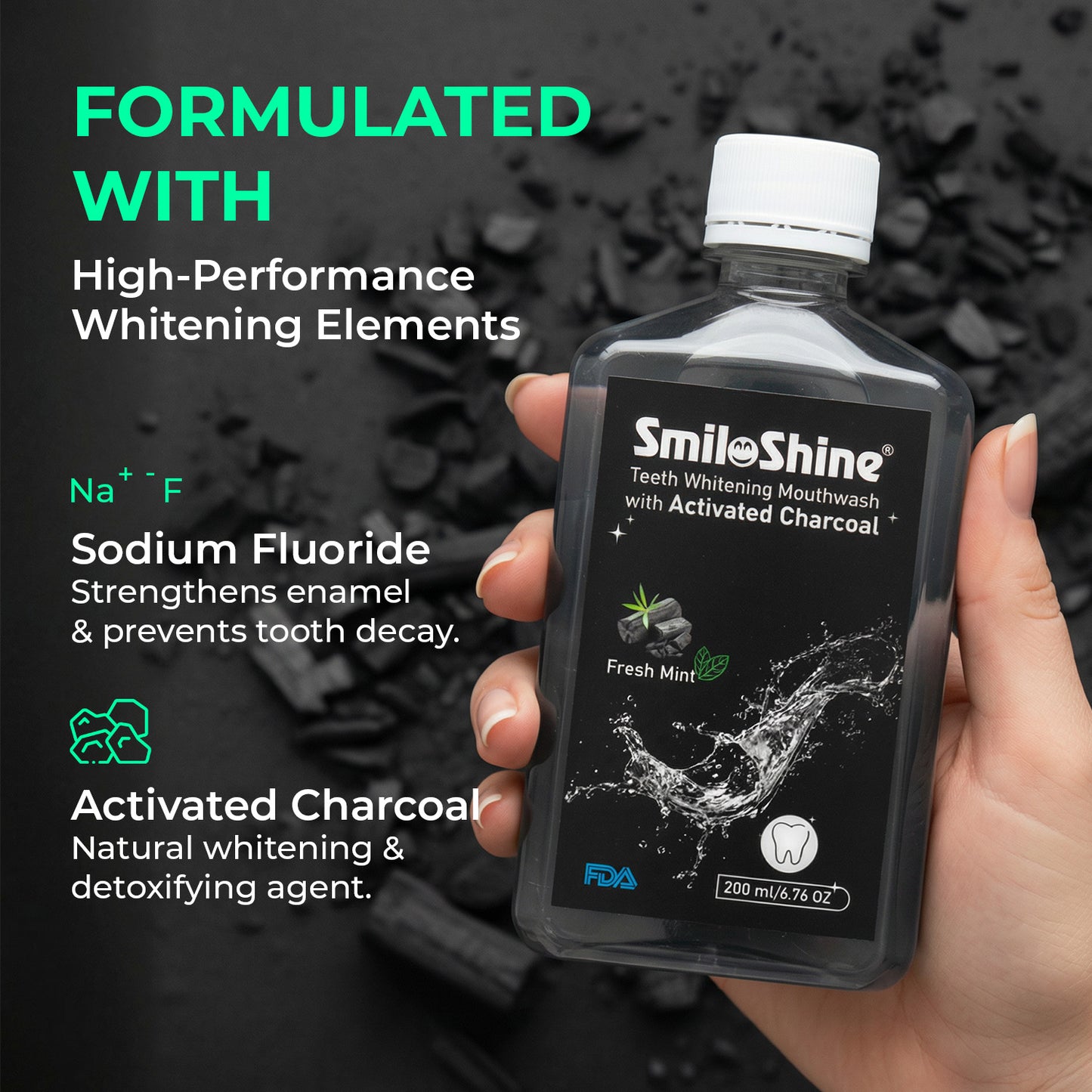 SmiloShine Mouthwash bottle highlighting high-performance whitening elements and Sodium Fluoride for enamel protection.