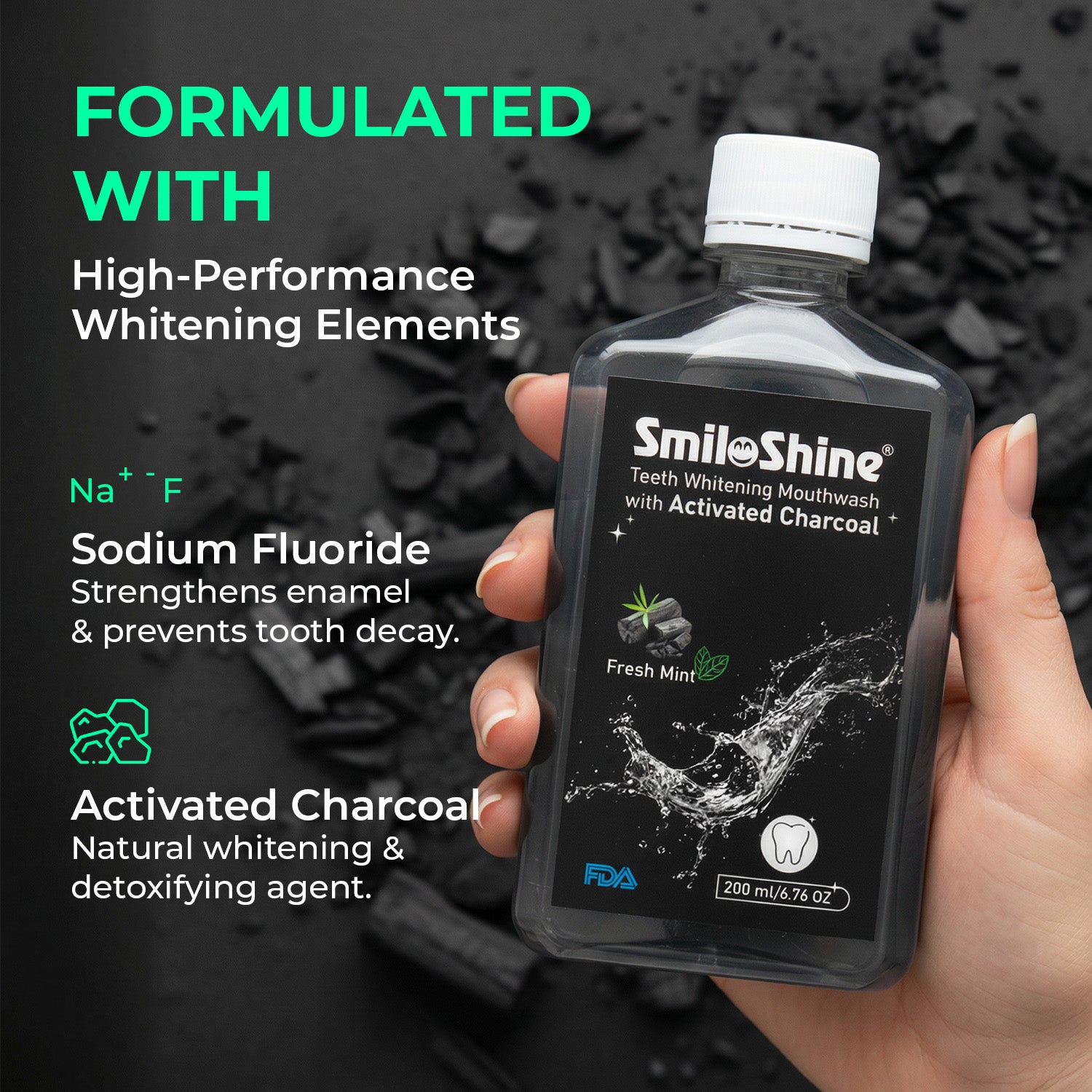 SmiloShine Mouthwash bottle highlighting high-performance whitening elements and Sodium Fluoride for enamel protection.