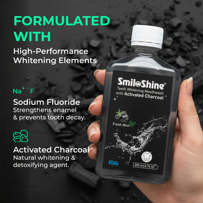 SmiloShine Mouthwash bottle highlighting high-performance whitening elements and Sodium Fluoride for enamel protection.