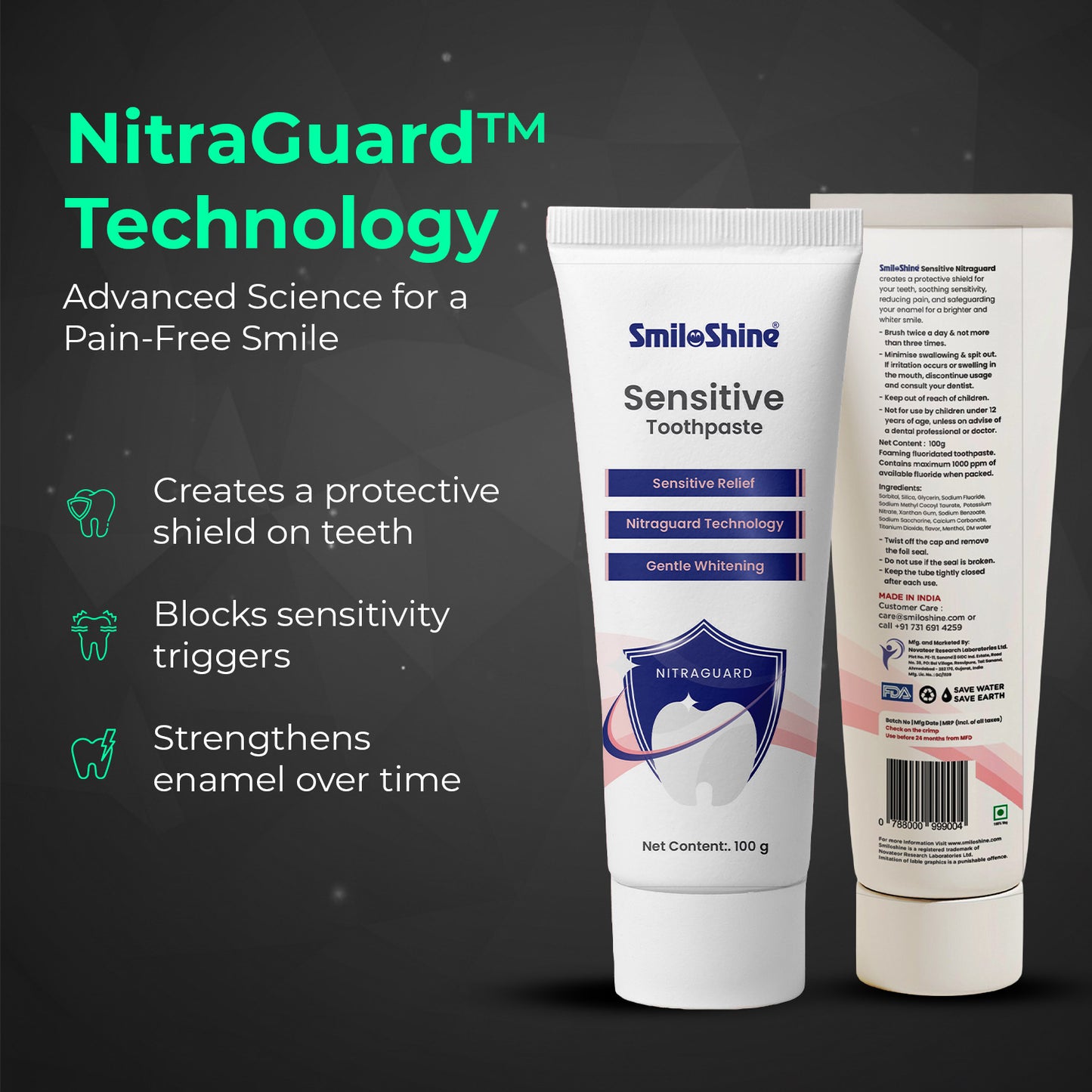 SmiloShine Sensitive Toothpaste tube highlighting NitraGuard Technology which creates a protective shield against tooth sensitivity.