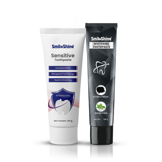 SmiloShine 2-pack bundle featuring Sensitivity Relief Toothpaste and Activated Charcoal Whitening Toothpaste side by side.