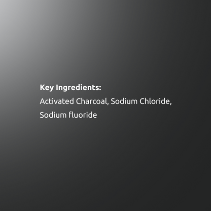 Ingredient list highlighting Activated Charcoal, Sodium Chlorite, and Sodium Fluoride for safe whitening.