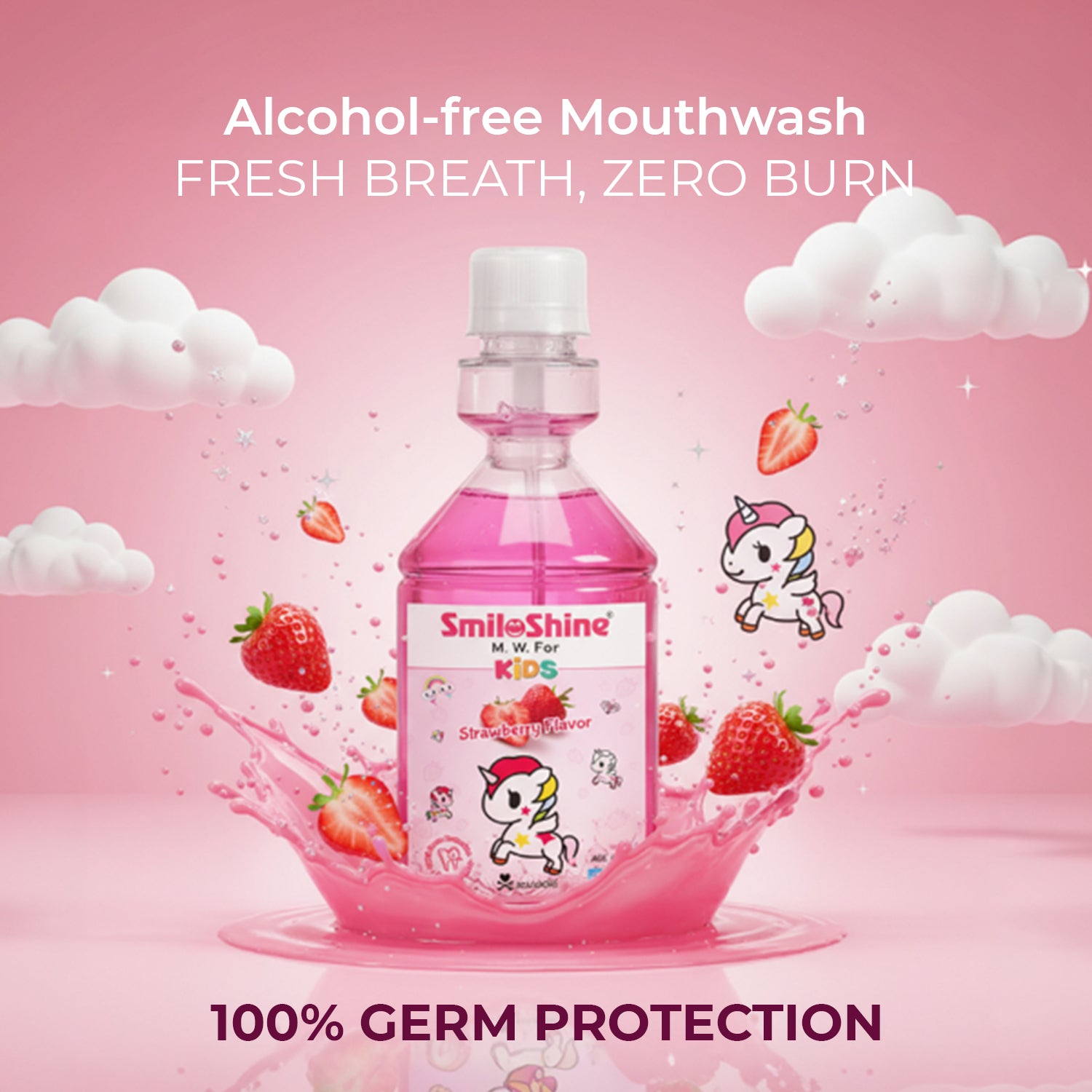 SmiloShine Strawberry flavor kids mouthwash graphic highlighting alcohol-free formula for fresh breath with zero burn or stinging.