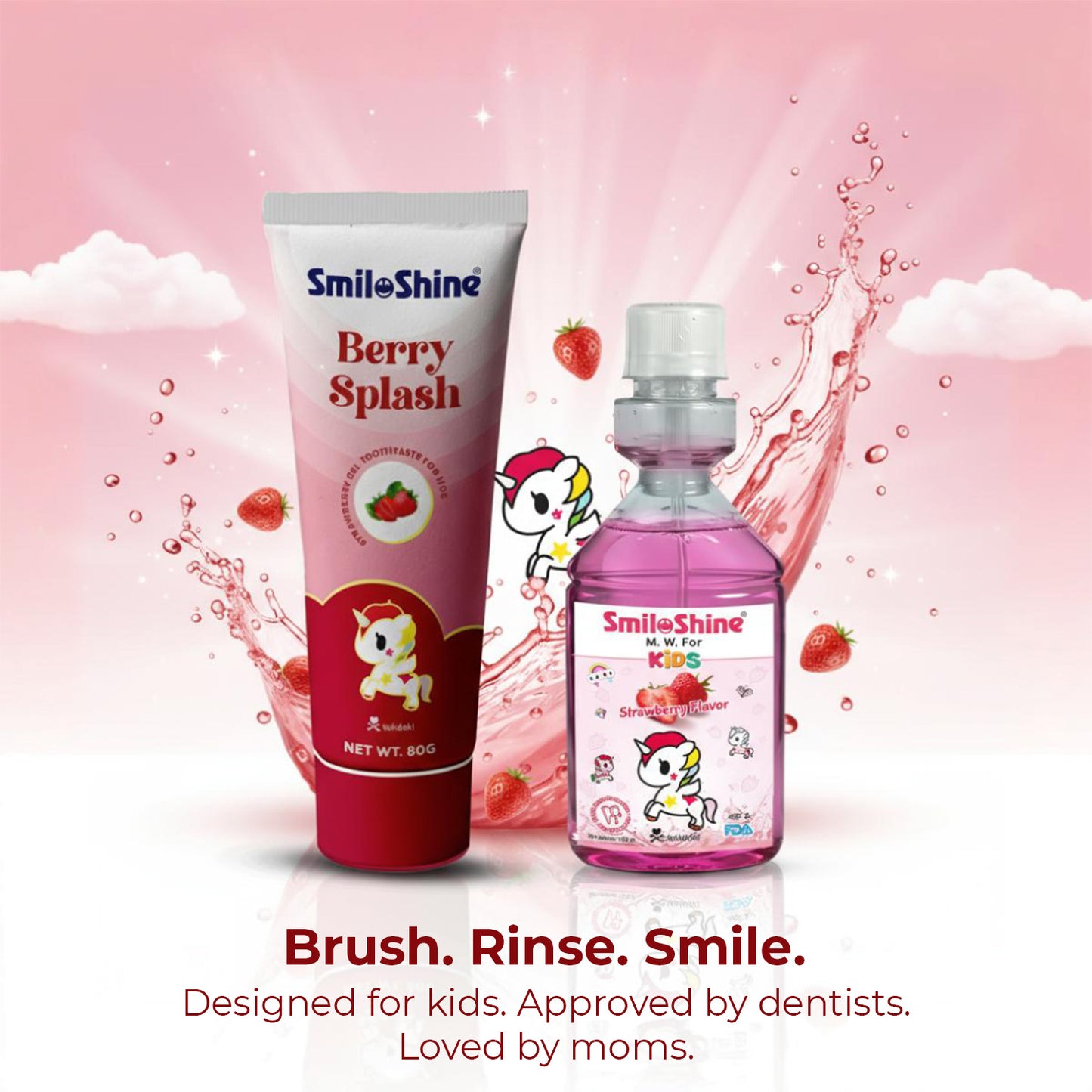 SmiloShine strawberry flavored dental kit for kids displayed with fresh strawberries and water splash, highlighting the yummy taste.