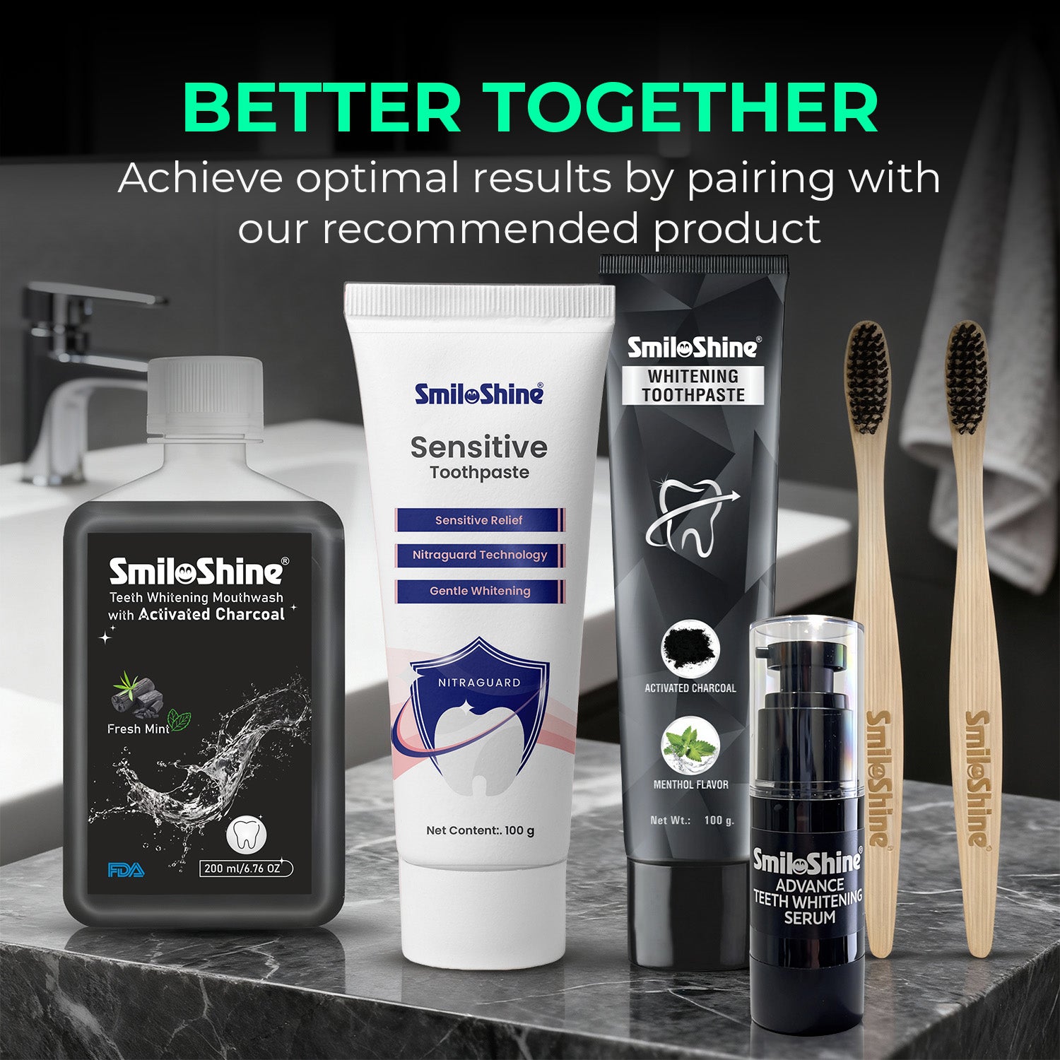SmiloShine complete oral hygiene set displayed together with text Better Together, promoting a combined routine for whitening and sensitivity relief.