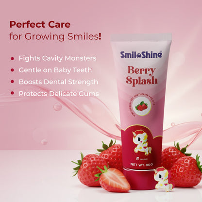 SmiloShine Unicorn Berry Splash toothpaste graphic highlighting benefits like cavity protection, gentle care, and enamel safety for growing smiles.