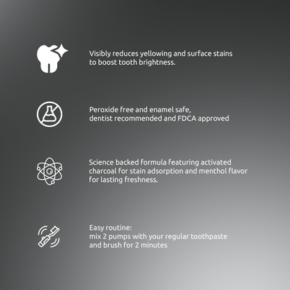 Key features of SmiloShine Serum: Visibly reduces yellowing, Peroxide Free, Enamel Safe, and Dentist Recommended.